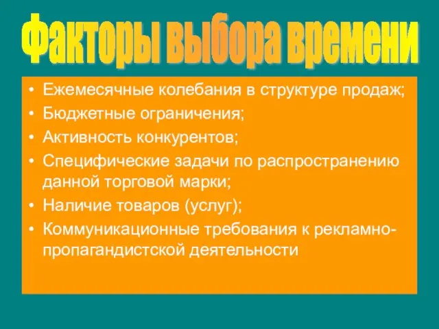 Факторы выбора времени Ежемесячные колебания в структуре продаж; Бюджетные ограничения; Активность конкурентов;