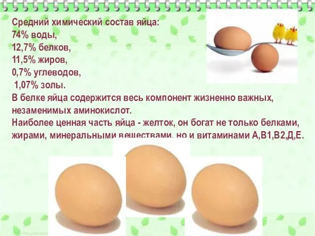 Средний химический состав яйца: 74% воды, 12,7% белков, 11,5% жиров, 0,7% углеводов,