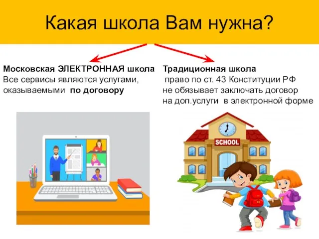 Какая школа Вам нужна? Московская ЭЛЕКТРОННАЯ школа Все сервисы являются услугами, оказываемыми