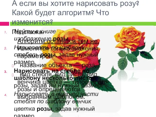 А если вы хотите нарисовать розу? Какой будет алгоритм? Что изменится? Подсказка: