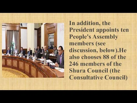 In addition, the President appoints ten People's Assembly members (see discussion, below).He