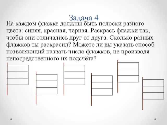 Задача 4 На каждом флажке должны быть полоски разного цвета: синяя, красная,