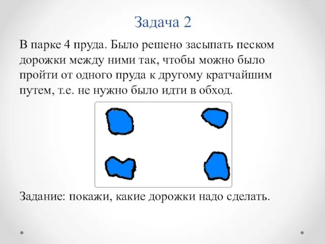 Задача 2 В парке 4 пруда. Было решено засыпать песком дорожки между