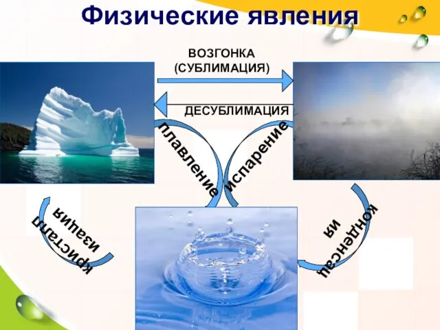 плавление кристаллизация конденсация испарение Физические явления ВОЗГОНКА (СУБЛИМАЦИЯ) ДЕСУБЛИМАЦИЯ