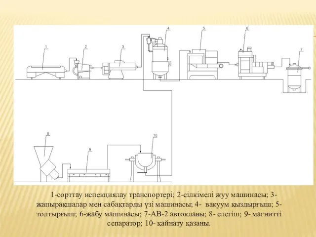 1-сорттау испекциялау транспортері; 2-сілкімелі жуу машинасы; 3-жапырақшалар мен сабақтарды үзі машинасы; 4-