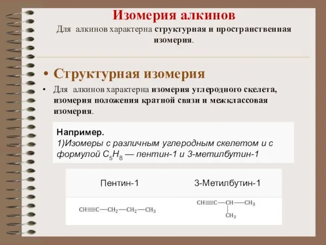 Изомерия алкинов Для алкинов характерна структурная и пространственная изомерия. Структурная изомерия Для