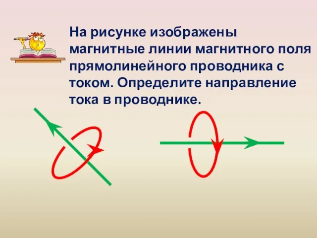 На рисунке изображены магнитные линии магнитного поля прямолинейного проводника с током. Определите направление тока в проводнике.