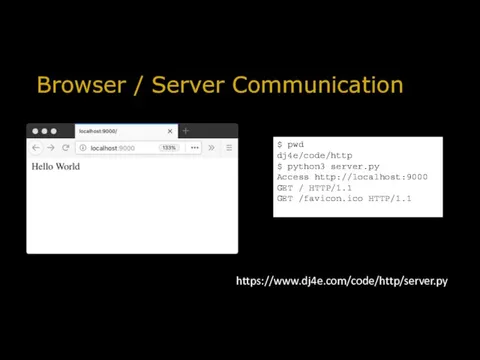 Browser / Server Communication $ pwd dj4e/code/http $ python3 server.py Access http://localhost:9000