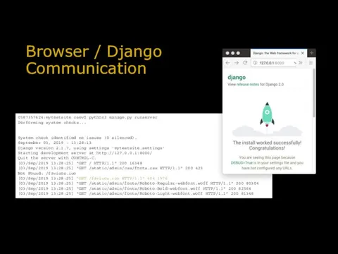 Browser / Django Communication 0587357624:mytestsite csev$ python3 manage.py runserver Performing system checks...