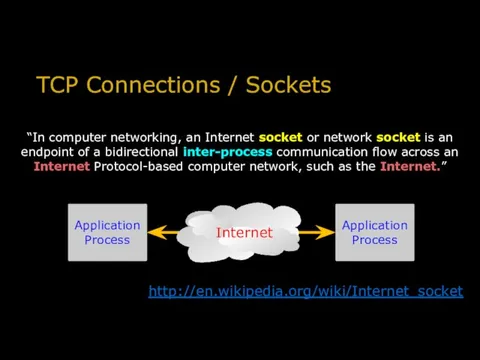TCP Connections / Sockets “In computer networking, an Internet socket or network