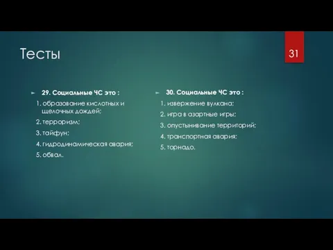 Тесты 29. Социальные ЧС это : 1. образование кислотных и щелочных дождей;