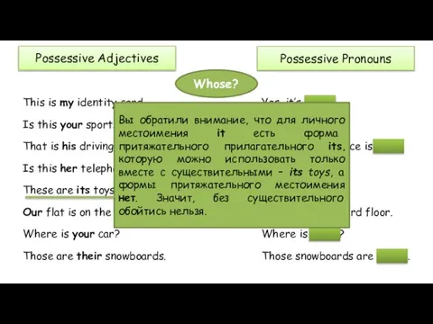 Possessive Adjectives Possessive Pronouns Whose? This is my identity card. Yes, it’s