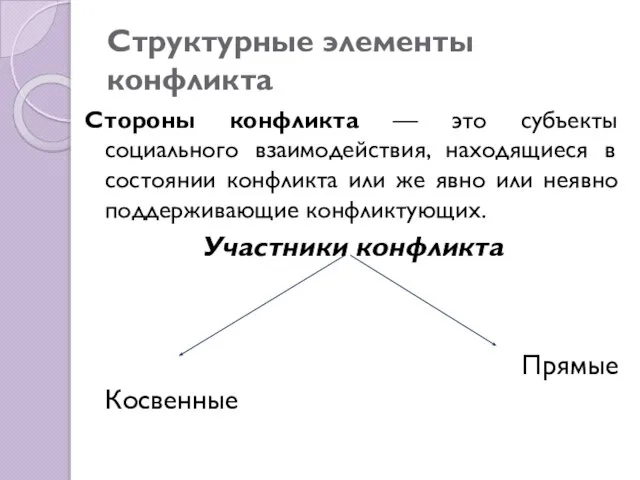 Структурные элементы конфликта Стороны конфликта — это субъекты социального взаимодействия, находящиеся в