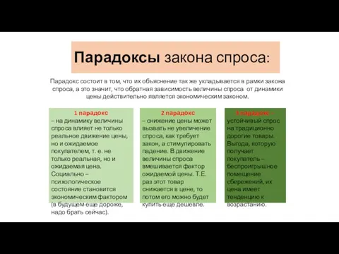 Парадоксы закона спроса: Парадокс состоит в том, что их объяснение так же