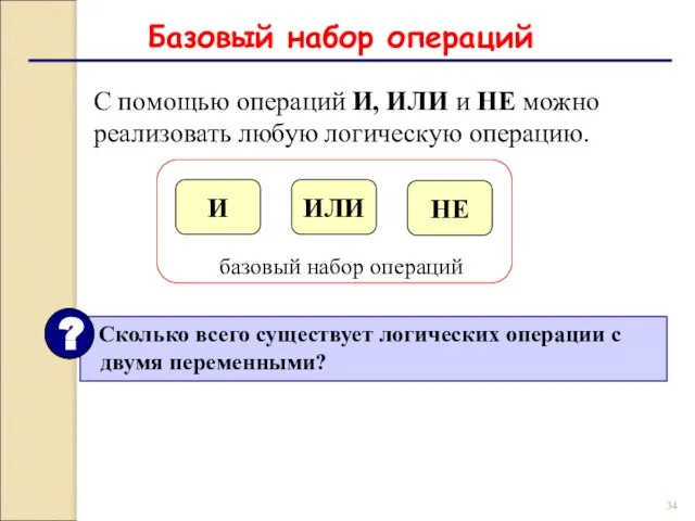 Базовый набор операций С помощью операций И, ИЛИ и НЕ можно реализовать любую логическую операцию.