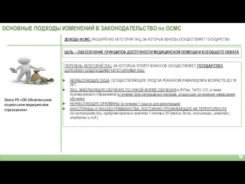 Закон РК «Об обязательном социальном медицинском страховании» ОСНОВНЫЕ ПОДХОДЫ ИЗМЕНЕНИЙ В ЗАКОНОДАТЕЛЬСТВО