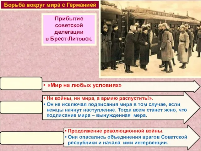 Борьба вокруг мира с Германией Прибытие советской делегации в Брест-Литовск.