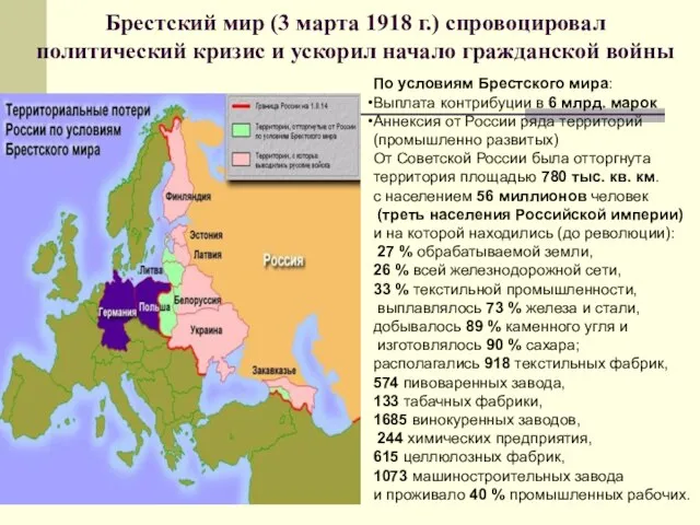 Брестский мир (3 марта 1918 г.) спровоцировал политический кризис и ускорил начало