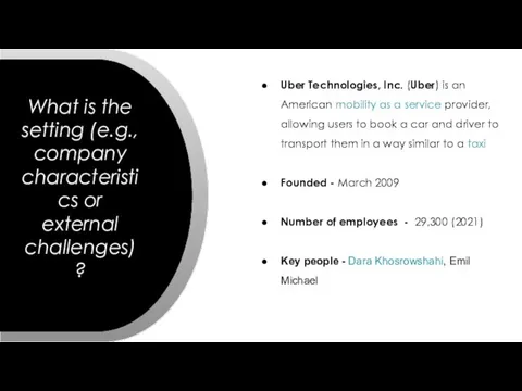 What is the setting (e.g., company characteristics or external challenges)? What is