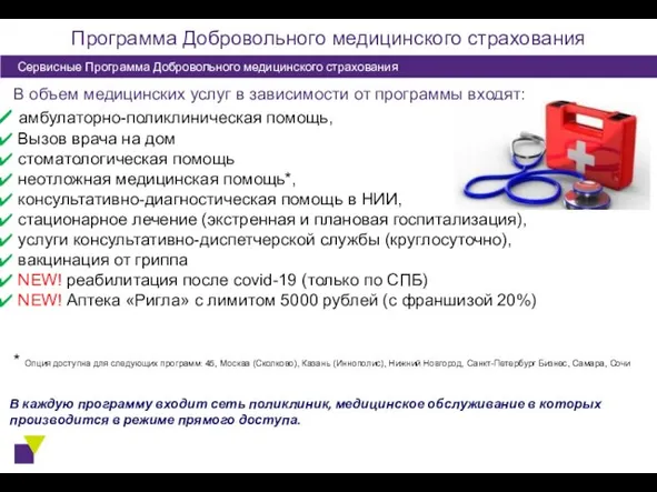 Программа Добровольного медицинского страхования Сервисные Программа Добровольного медицинского страхования В объем медицинских