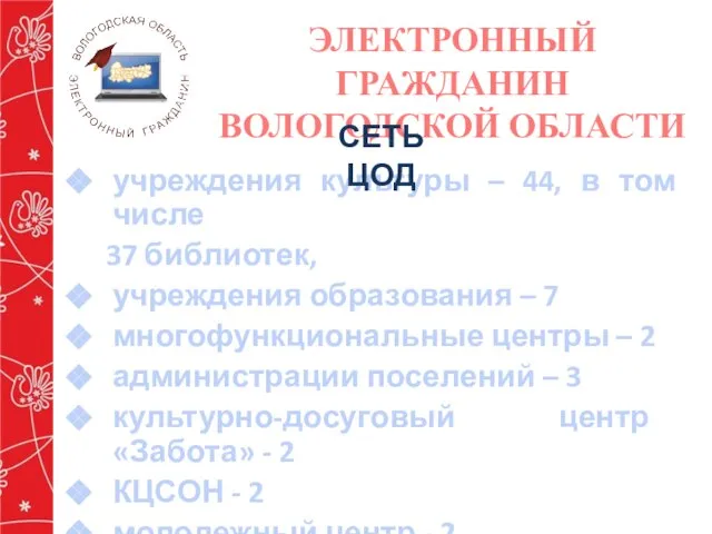 ЭЛЕКТРОННЫЙ ГРАЖДАНИН ВОЛОГОДСКОЙ ОБЛАСТИ учреждения культуры – 44, в том числе 37