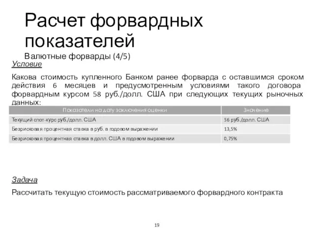 Расчет форвардных показателей Валютные форварды (4/5) Учебный центр Условие Какова стоимость купленного