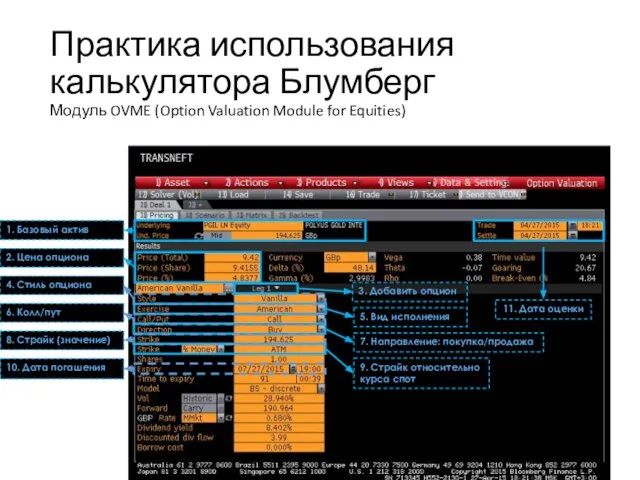 Практика использования калькулятора Блумберг Модуль OVME (Option Valuation Module for Equities) Учебный центр