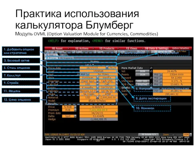 Практика использования калькулятора Блумберг Модуль OVML (Option Valuation Module for Currencies, Commodities)