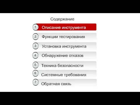 Описание инструмента 1 Установка инструмента 2 Функции тестирования 3 Содержание Обнаружение отказов