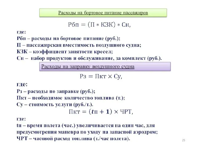 Расходы на бортовое питание пассажиров Расходы на заправку воздушного судна