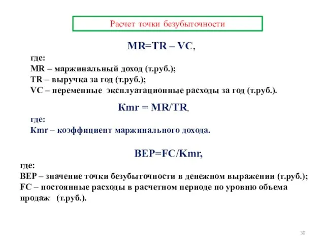 Расчет точки безубыточности MR=TR – VC, где: MR – маржинальный доход (т.руб.);