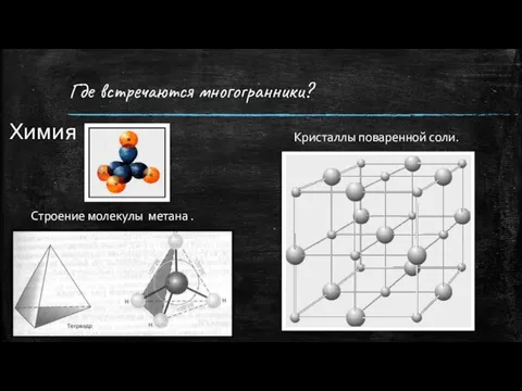 Где встречаются многогранники? Строение молекулы метана . Кристаллы поваренной соли. Химия