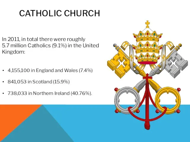 CATHOLIC CHURCH In 2011, in total there were roughly 5.7 million Catholics
