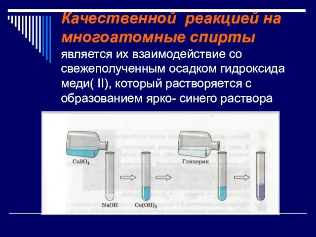 Качественной реакцией на многоатомные спирты является их взаимодействие со свежеполученным осадком гидроксида