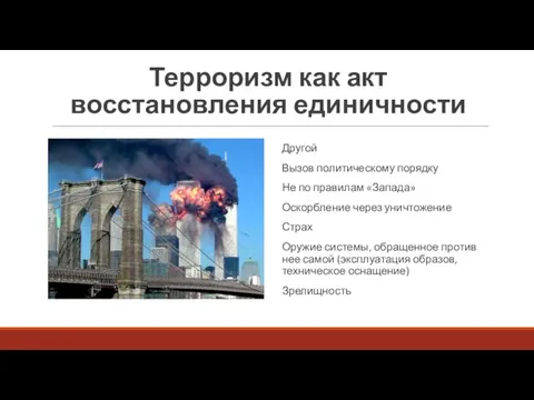 Терроризм как акт восстановления единичности Другой Вызов политическому порядку Не по правилам