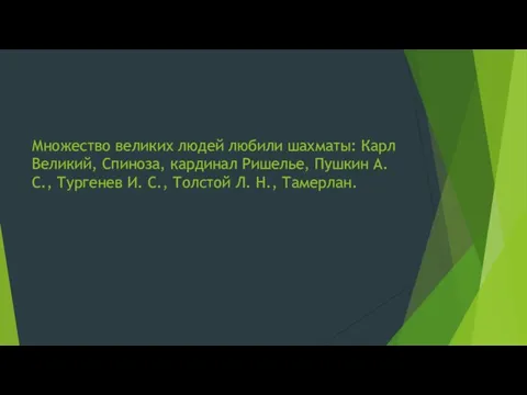 Множество великих людей любили шахматы: Карл Великий, Спиноза, кардинал Ришелье, Пушкин А.