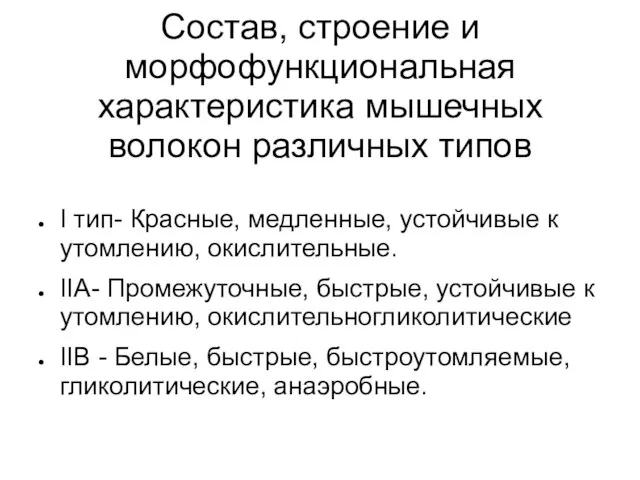 Состав, строение и морфофункциональная характеристика мышечных волокон различных типов I тип- Красные,