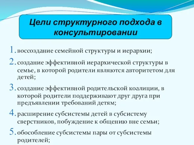 воссоздание семейной структуры и иерархии; создание эффективной иерархической структуры в семье, в