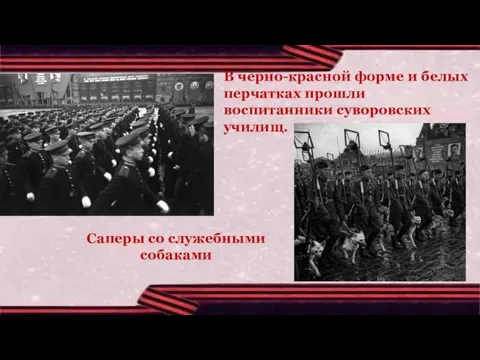 В черно-красной форме и белых перчатках прошли воспитанники суворовских училищ. Саперы со служебными собаками