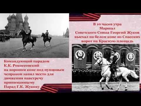 Командующий парадом К.К. Рокоссовский на вороном коне под пунцовым чепраком занял место