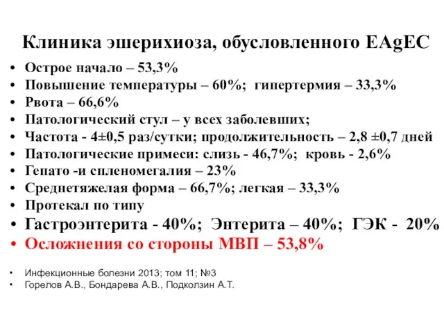 Клиника эшерихиоза, обусловленного EAgEC Острое начало – 53,3% Повышение температуры – 60%;