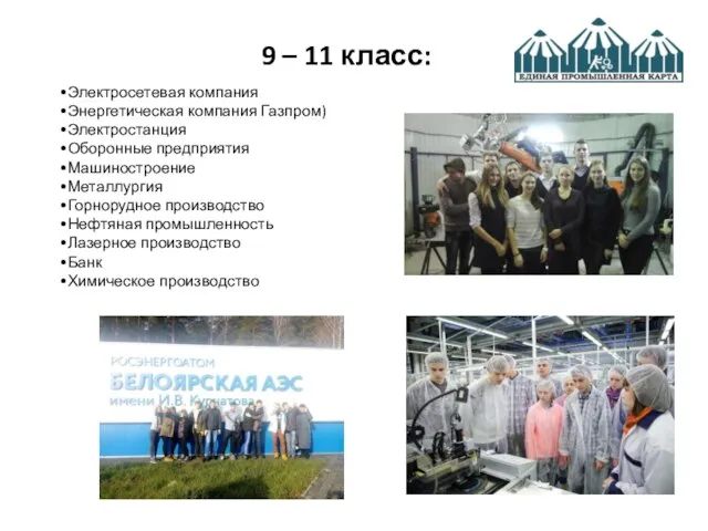 9 – 11 класс: Электросетевая компания Энергетическая компания Газпром) Электростанция Оборонные предприятия