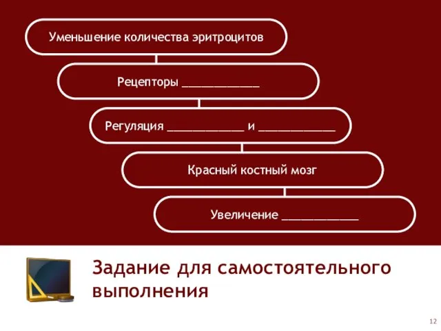 Задание для самостоятельного выполнения Уменьшение количества эритроцитов Рецепторы ____________ Регуляция ____________ и