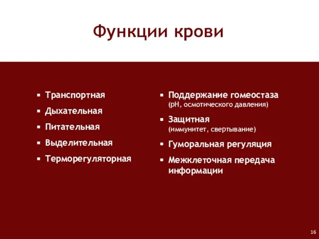 Функции крови Транспортная Дыхательная Питательная Выделительная Терморегуляторная Поддержание гомеостаза (pH, осмотического давления)