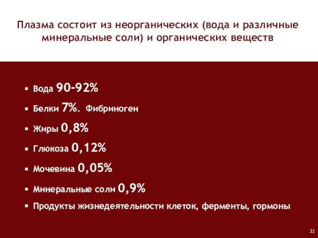 Вода 90-92% Белки 7%. Фибриноген Жиры 0,8% Глюкоза 0,12% Мочевина 0,05% Минеральные