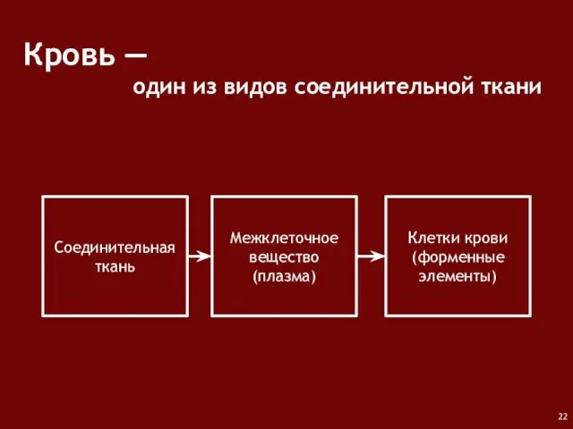 Кровь ― один из видов соединительной ткани Соединительная ткань Межклеточное вещество (плазма) Клетки крови (форменные элементы)