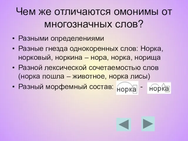 Чем же отличаются омонимы от многозначных слов? Разными определениями Разные гнезда однокоренных