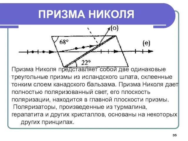 Призма Николя представляет собой две одинаковые треугольные призмы из исландского шпата, склеенные