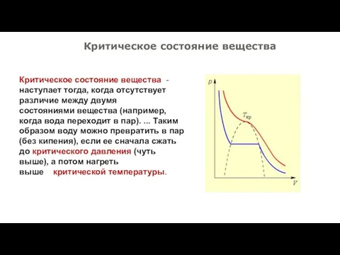 Критическое состояние вещества Критическое состояние вещества - наступает тогда, когда отсутствует различие