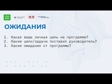 ОЖИДАНИЯ Какая ваша личная цель на программе? Какие цели/задачи поставил руководитель? Какие ожидания от программы?